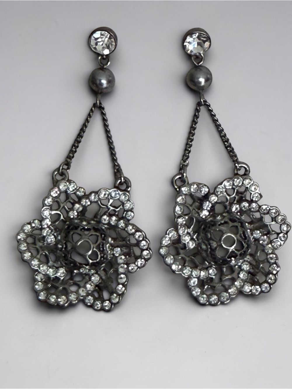 Givenchy Rhinestone Floral Drop Earrings in Gunmetal